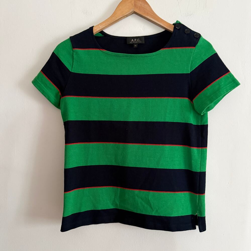 A.P.C. Navy Blue Green Rugby Stripe Thick Jersey Short Sleeve Tee Extra Small